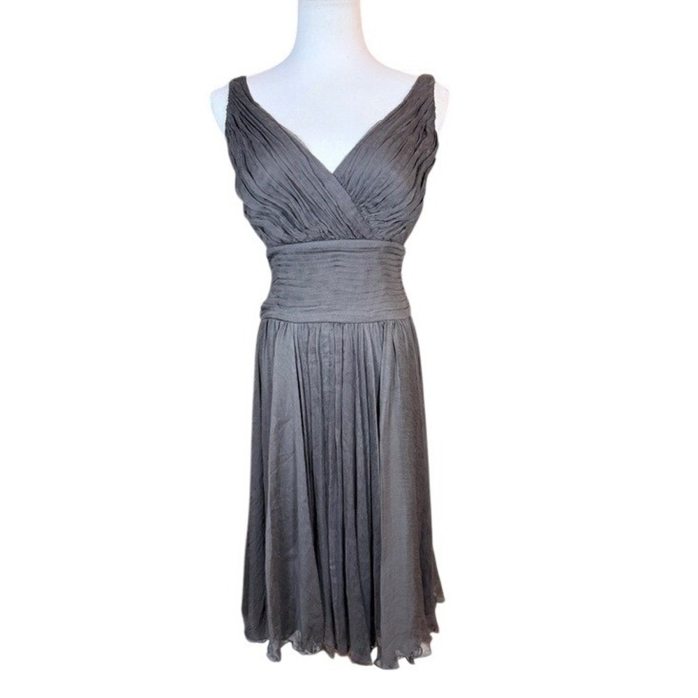 Tadashi Silk Dress Women 6 OC9052M‎ Charcoal Grey Ruched V-Neck Chiffon